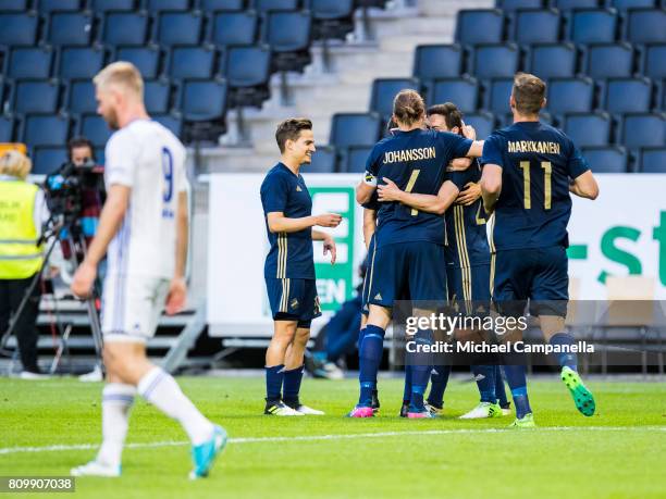 Players from AIK celebrate the 3-0 goal from Stefan Ishizaki during a UEFA Europe League qualification match at Friends arena on July 6, 2017 in...