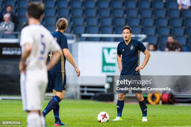 Stefan Ishizaki of AIK prepares to take a free kick during a UEFA Europe League qualification match at Friends arena on July 6, 2017 in Solna, Sweden.