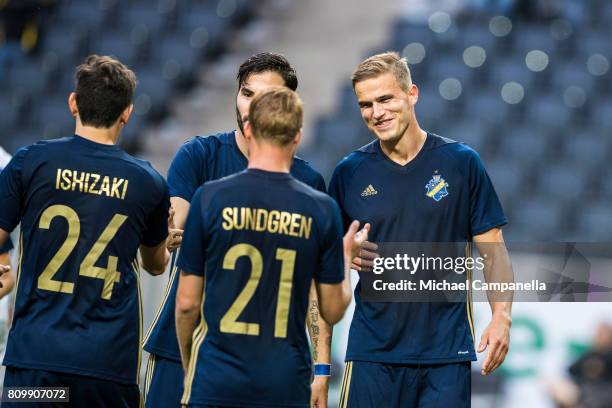 Eero Markkanen and Daniel Sundgren of AIK celebrate after scoring the 5-0 goal during a UEFA Europe League qualification match at Friends arena on...