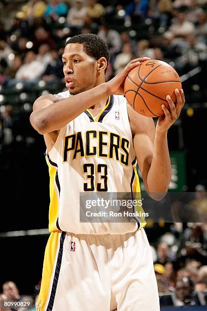 Danny Granger of the Indiana Pacers looks to set up a play against the Charlotte Bobcats during the game on April 12, 2008 at Conseco Fieldhouse in...
