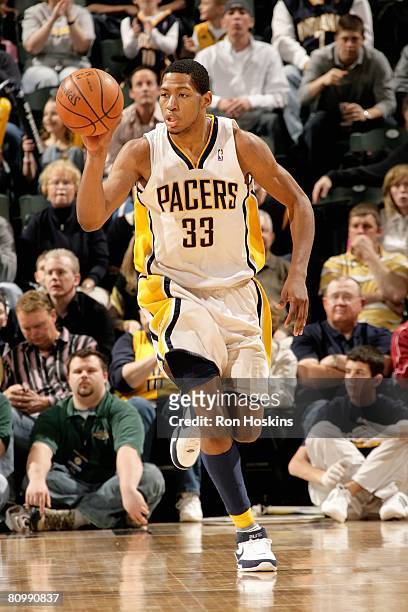 Danny Granger of the Indiana Pacers dribbles the ball upcourt against the Charlotte Bobcats during the game on April 12, 2008 at Conseco Fieldhouse...