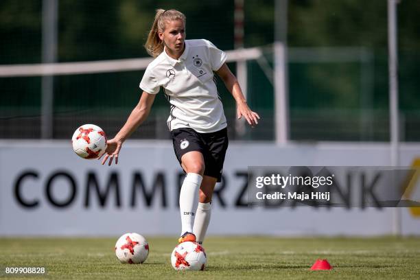 Lena Petermann controls the ball during the training session on July 6, 2017 in Heidelberg, Germany.