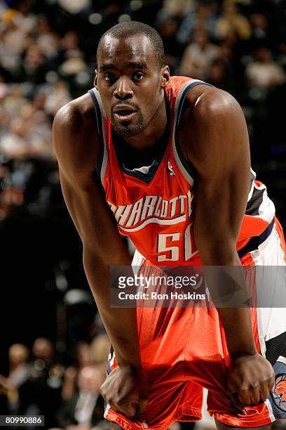 Emeka Okafor of the Charlotte Bobcats looks on during a break in game action against the Indiana Pacers on April 12, 2008 at Conseco Fieldhouse in...