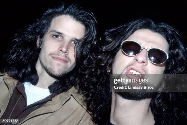 Tool guitarist Adam Jones and Depeche Mode vocalist Dave Gahan backstage at the Freedom for Leonard Peltier free concert at the Velodrome at Cal...