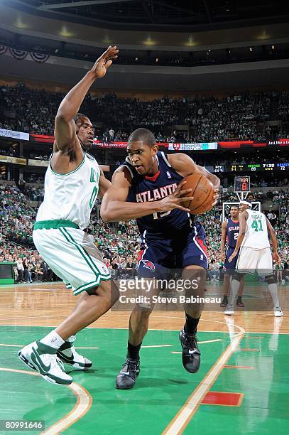 Al Horford of the Atlanta Hawks moves away from Leon Powe of the Boston Celtics in Game Five of the Eastern Conference Quarterfinals during the 2008...