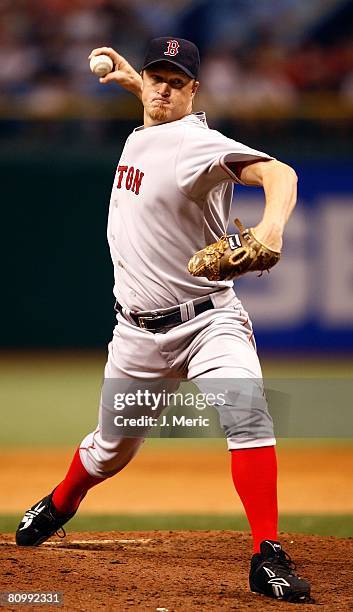 Relief pitcher Mike Timlin of the Boston Red Sox pitches against the Tampa Bay Rays during the game on April 25, 2008 at Tropicana Field in St....