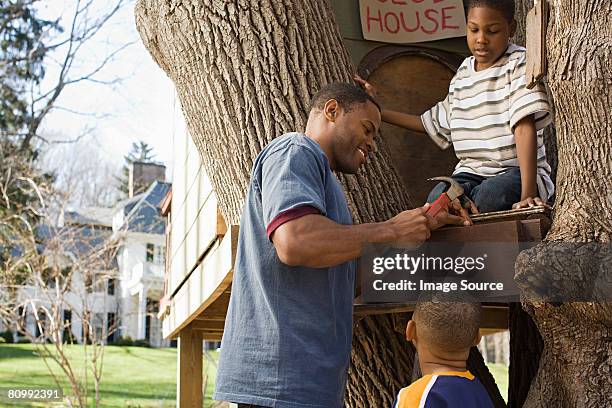 father and sons building tree house - tree house stock pictures, royalty-free photos & images