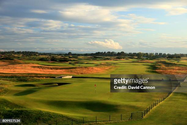 View of the par 5, 18th hole which plays as a par 4, in the Open Championship on the Championship Course from the Carnoustie Golf Hotel at Carnoustie...