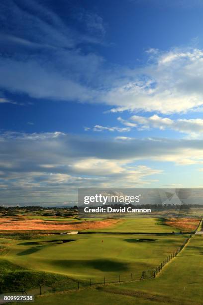 View of the par 5, 18th hole which plays as a par 4, in the Open Championship on the Championship Course from the Carnoustie Golf Hotel at Carnoustie...