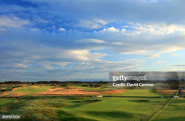 View of the par 5, 18th hole which plays as a par 4, in the Open Championship and the par 4, first hole on the Championship Course from the...