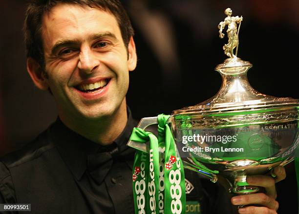 Ronnie O'Sulliivan of England celebrates after winning the final of the 888.com World Snooker Championships at the Crucible Theatre on May 5, 2008 in...