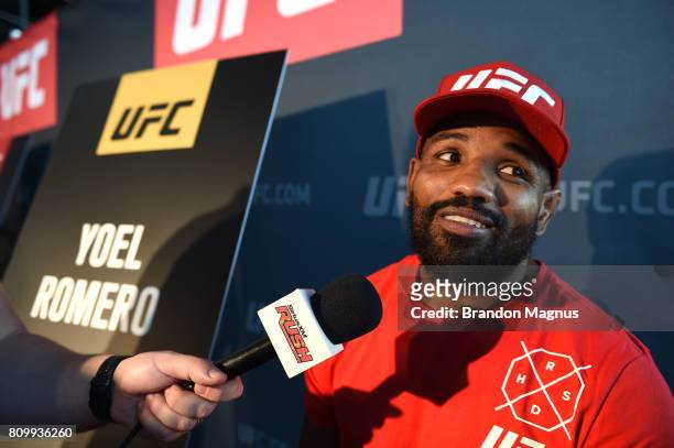 Yoel Romero of Cuba speaks to the media during the UFC 213 Ultimate Media Day at T-Mobile Arena on July 6, 2017 in Las Vegas, Nevada.