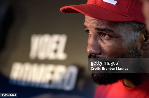 Yoel Romero of Cuba speaks to the media during the UFC 213 Ultimate Media Day at T-Mobile Arena on July 6, 2017 in Las Vegas, Nevada.