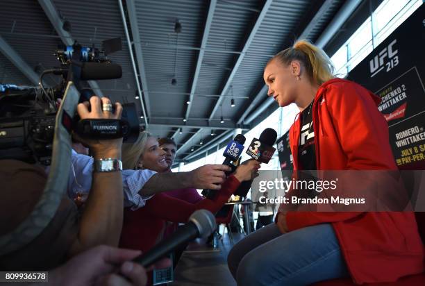 Valentina Schevchenko of Peruspeaks to the media during the UFC 213 Ultimate Media Day at T-Mobile Arena on July 6, 2017 in Las Vegas, Nevada.