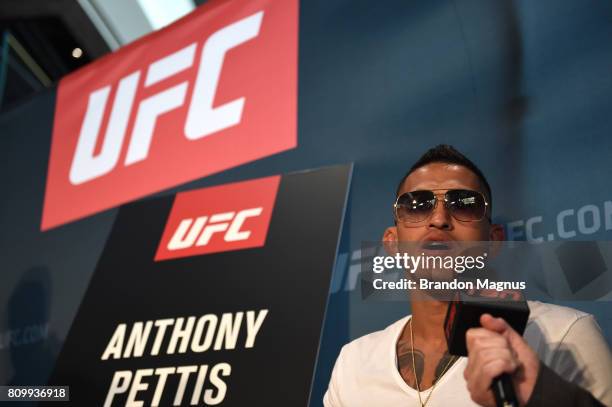 Anthony Pettis speaks to the media during the UFC 213 Ultimate Media Day at T-Mobile Arena on July 6, 2017 in Las Vegas, Nevada.