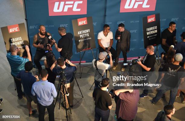 Travis Browne, Anthony Pettis, and Fabricio Werdum speak to the media during the UFC 213 Ultimate Media Day at T-Mobile Arena on July 6, 2017 in Las...