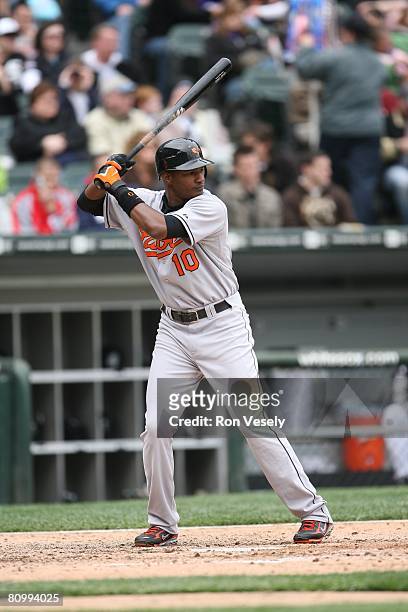 Adam Jones of the Baltimore Orioles bats during the game against the Chicago White Sox at U.S. Cellular Field in Chicago, Illinois on April 27, 2008....
