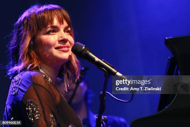 Singer and songwriter Norah Jones performs at the piano during the opening concert for the 2017 Summer Series at Somerset House on July 6, 2017 in...