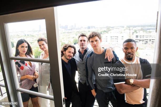 Baby Driver Cast including Eiza Gonzalez, Lily James, director Edgar Wright, Jon Hamm, Ansel Elgort, and Jamie Foxx are photographed for Los Angeles...