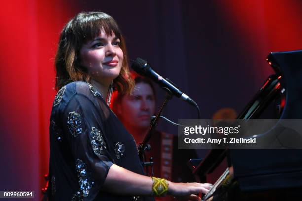 Singer and songwriter Norah Jones performs at the piano during the opening concert for the 2017 Summer Series at Somerset House on July 6, 2017 in...