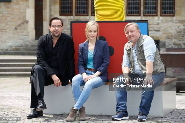 Jan Josef Liefers, Friederike Kempter and Axel Prahl during the 'Tatort - Gott ist auch nur ein Mensch' On Set Photo Call on July 5, 2017 in...