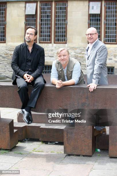 Jan Josef Liefers, Axel Prahl and Markus Lewe during the 'Tatort - Gott ist auch nur ein Mensch' On Set Photo Call on July 5, 2017 in Muenster,...