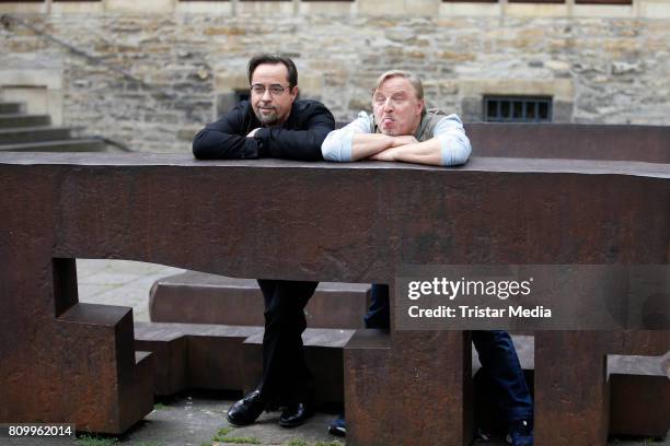 Jan Josef Liefers and Axel Prahl during the 'Tatort - Gott ist auch nur ein Mensch' On Set Photo Call on July 5, 2017 in Muenster, Germany.