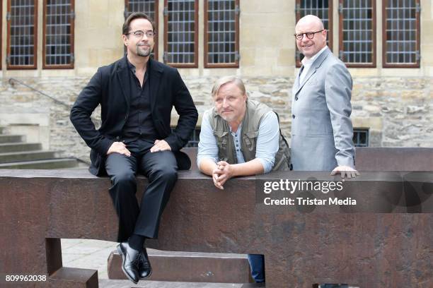 Jan Josef Liefers, Axel Prahl and Markus Lewe during the 'Tatort - Gott ist auch nur ein Mensch' On Set Photo Call on July 5, 2017 in Muenster,...