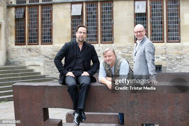 Jan Josef Liefers, Axel Prahl and Markus Lewe during the 'Tatort - Gott ist auch nur ein Mensch' On Set Photo Call on July 5, 2017 in Muenster,...