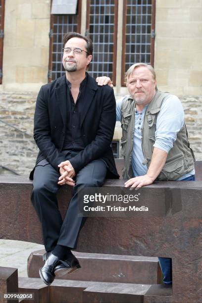 Jan Josef Liefers and Axel Prahl during the 'Tatort - Gott ist auch nur ein Mensch' On Set Photo Call on July 5, 2017 in Muenster, Germany.