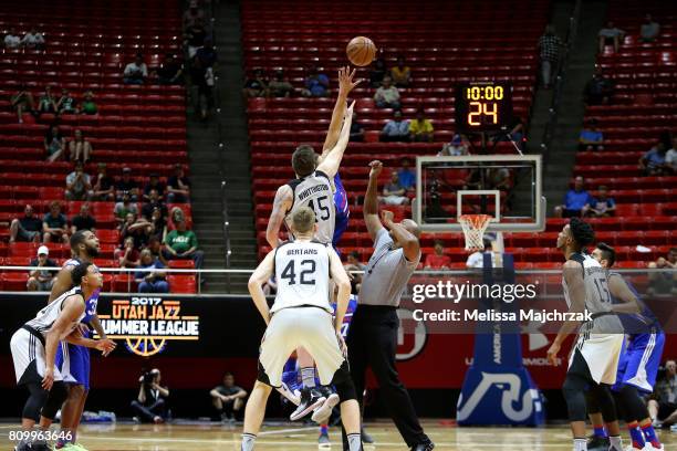 Shayne Whittington of the San Antonio Spurs goes for the tip off against the Philadelphia 76ers during the 2017 Utah Summer League on July 6, 2017 at...