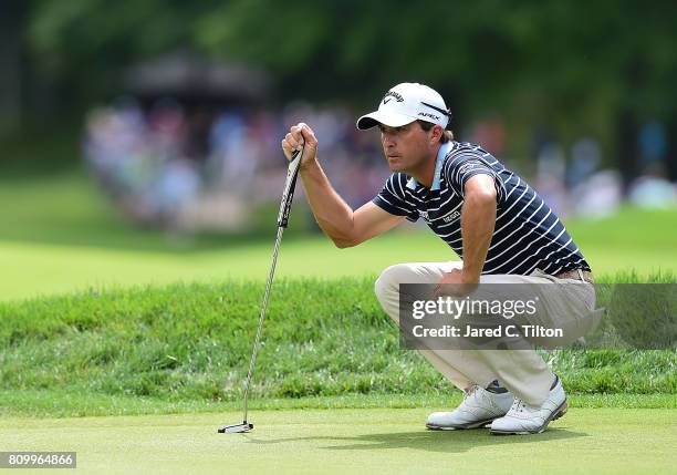 Kevin Kisner reacts on the 10th green during round one of The Greenbrier Classic held at the Old White TPC on July 6, 2017 in White Sulphur Springs,...