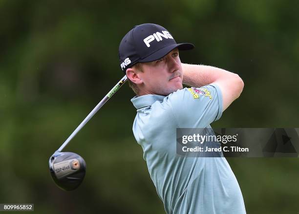 Mackenzie Hughes of Canada tees off the 11th hole during round one of The Greenbrier Classic held at the Old White TPC on July 6, 2017 in White...