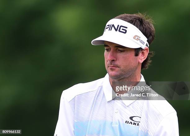 Bubba Watson reacts after his putt on the 10th green during round one of The Greenbrier Classic held at the Old White TPC on July 6, 2017 in White...