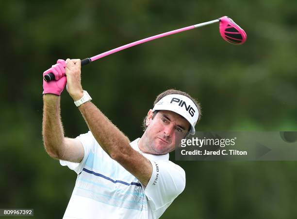 Bubba Watson tees off the 11th hole during round one of The Greenbrier Classic held at the Old White TPC on July 6, 2017 in White Sulphur Springs,...