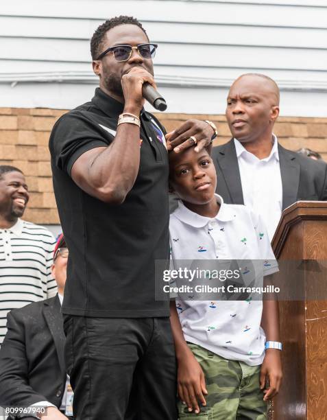 Actor/comedian Kevin Hart and son Hendrix Hart attend as the city of Philadelphia celebrates Kevin Hart Day with a birthday celebration and mural...