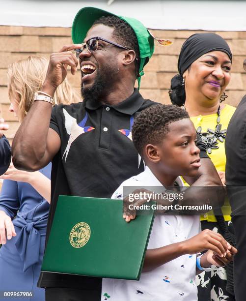 Actor/comedian Kevin Hart and son Hendrix Hart attend as the city of Philadelphia celebrates Kevin Hart Day with a birthday celebration and mural...