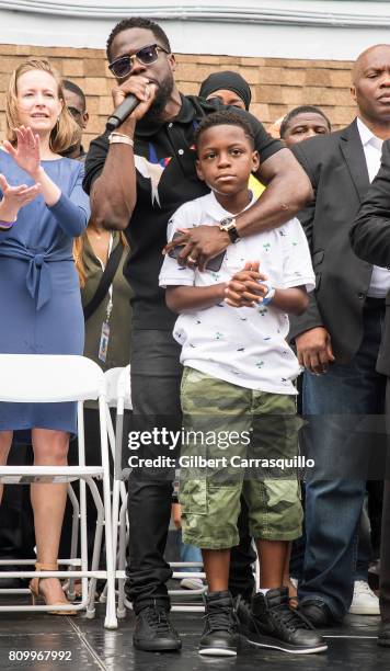 Actor/comedian Kevin Hart and son Hendrix Hart attend as the city of Philadelphia celebrates Kevin Hart Day with a birthday celebration and mural...