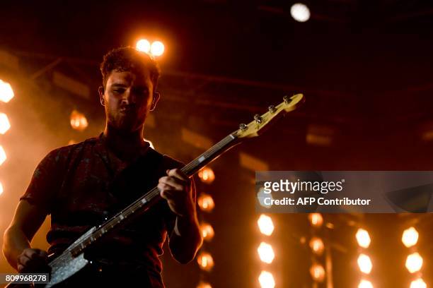 Singer and guitarist Mike Kerr from the British band Royal Blood performs at the 11th Alive Festival in Oeiras, near Lisbon on July 6, 2017. / AFP...
