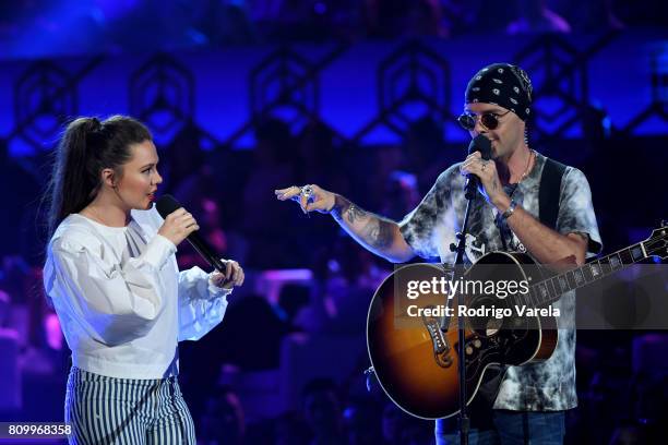 Jesse y Joy perform on stage during Univision's "Premios Juventud" 2017 Celebrates The Hottest Musical Artists And Young Latinos Change-Makers at...