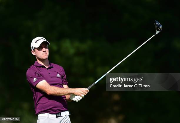 Nick Taylor of Canada tees off the ninth hole during round one of The Greenbrier Classic held at the Old White TPC on July 6, 2017 in White Sulphur...