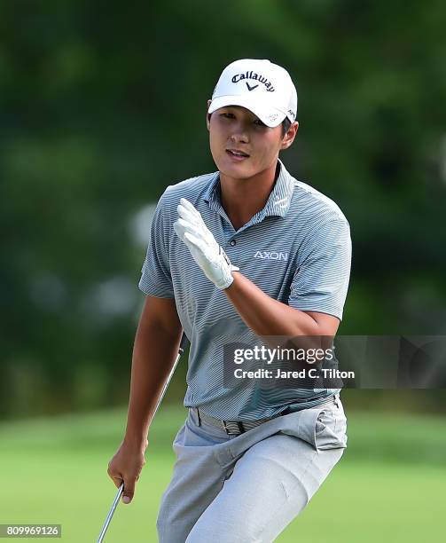 Danny Lee reacts after his shot out of the sand on the 17th hole during round one of The Greenbrier Classic held at the Old White TPC on July 6, 2017...