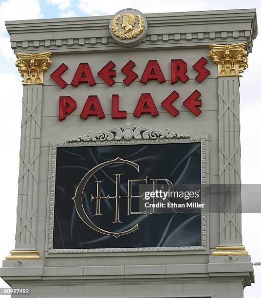 Sign for Cher's new show is seen on the marquee at Caesars Palace May 5, 2008 in Las Vegas, Nevada. The production opens May 6, 2008. Cher is...
