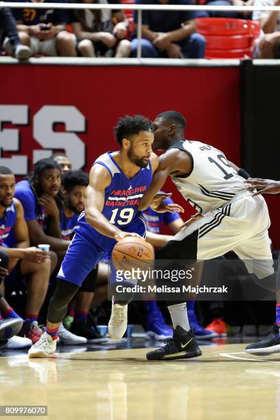 James Blackmon Jr. #19 of the Philadelphia 76ers handles the ball during the game against the San Antonio Spurs during the 2017 Utah Summer League on...