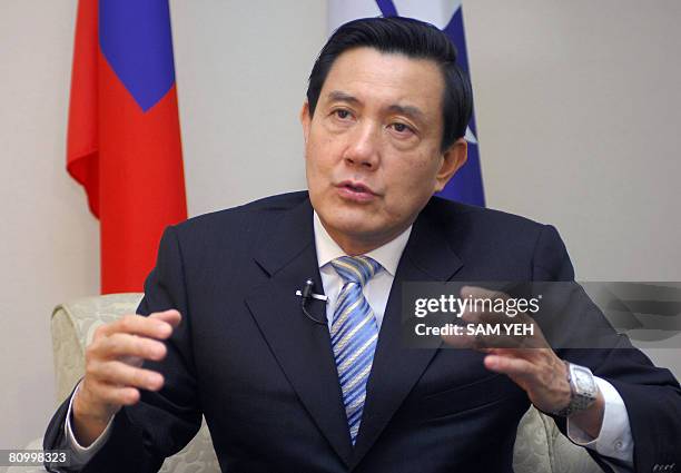 Taiwan's president-elect Ma Ying-jeou gestures during an interview by AFP at the Kuomintang headquarters in Taipei on May 06, 2008. Ma Ying-jeou...