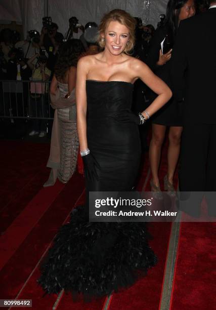 Actress Blake Lively arrives to the Metropolitan Museum of Art Costume Institute Gala, Superheroes: Fashion and Fantasy, held at the Metropolitan...