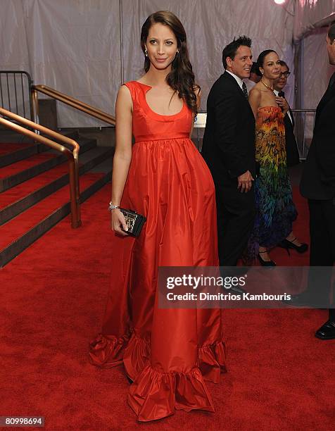 Model Christy Turlington departs the Metropolitan Museum of Art Costume Institute Gala "Superheroes: Fashion And Fantasy" at the Metropolitan Museum...