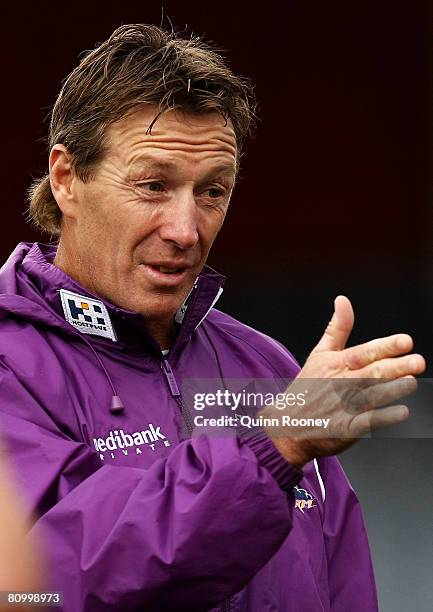 Craig Bellamy the coach of the Storm gives instructions during a Melbourne Storm NRL training session held at MC Labour Park on May 6, 2008 in...