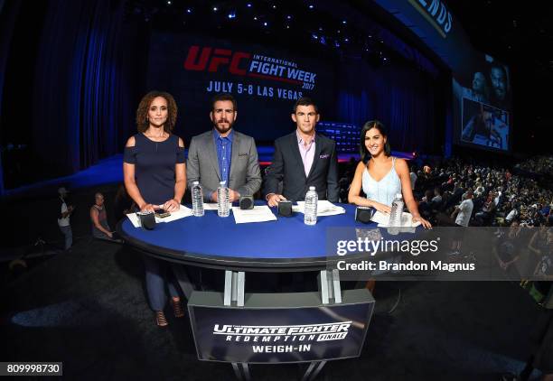 Karyn Bryant, Kenny Florian, Dominick Cruz, and Megan Olivi pose for a photo during the UFC weigh-in at the Park Theater on July 6, 2017 in Las...