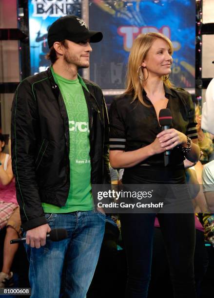 Actors Ashton Kutcher and Cameron Diaz visit MTV's "TRL" at MTV Studios Times Square on May 5, 2008 in New York City.